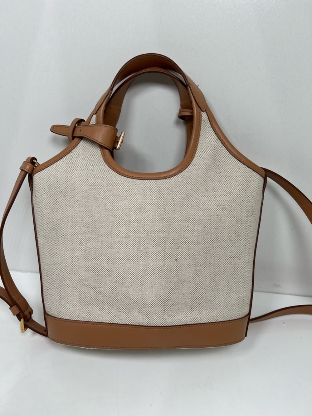 Prada Medium Canvas Leather Logo Tote Bag Natural Tan Crossbody Shoulder Italy - Picture 2 of 13